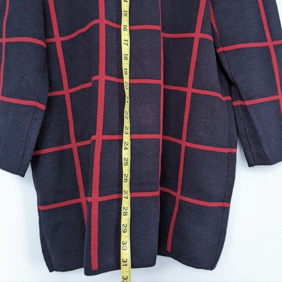 Anne Klein Windowpane Check Open Front Sweater Coat Cardigan Navy Deep Red sz L - Picture 5 of 9